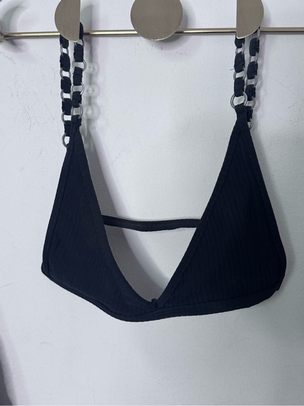 Black Ribbed Triangle Bikini Top with Chain-Detail Straps